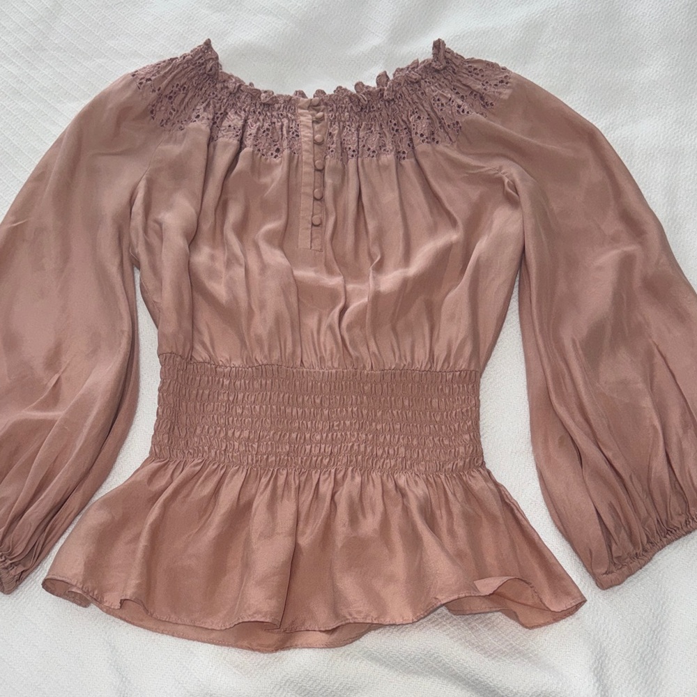 Guess by Marciano Dusty Mauve Smocked Peasant Top